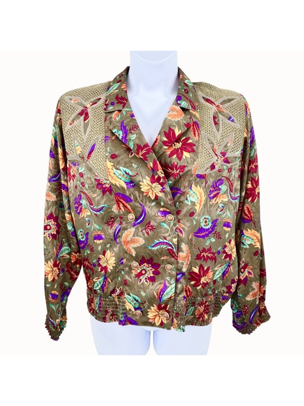 Vtg Philippe Marques Floral Print Double-Breasted Top Embroidered Mesh 12 USA